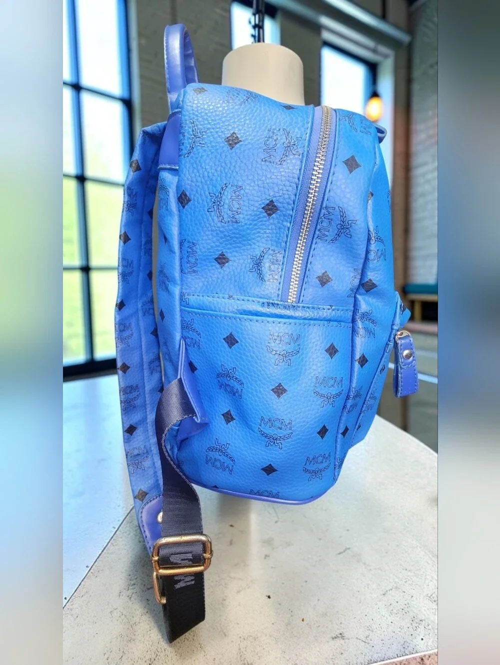 MCM Stark Studded Backpack In Vibrant Blue Visetos Coated Canvas
